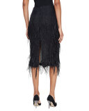 Ostrich-Feather Pencil Midi Skirt, Black