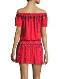 Tammy Embroidered Smocked-Waist Mini Dress, Red