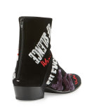Embroidered Velvet Ankle Boot, Black