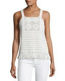 Zaylee Crochet Sleeveless Fringe-Hem Top, White