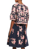 Floral-Embroidered Open-Front Jacket, Navy/Pink