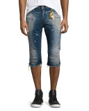 Motard Distressed Past-Knee Denim Shorts, Blue