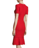 Textured Short-Sleeve Flounce Dress, Paprika