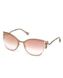 Semi-Rimless Square Snake Sunglasses, Rose Gold/Pink