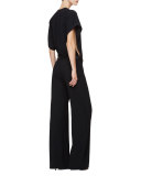 Short-Sleeve Belted Jumpsuit, Black