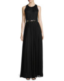 sleeveless embellished-waist maxi dress, black