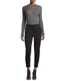 Long-Sleeve Sheer Ribbed Pullover Sweater, Charcoal