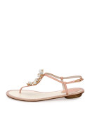 Floral-Embellished Crystal Thong Sandal, Nude