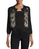 3/4-Sleeve Sequin-Front Cardigan, Black/Gold