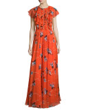 Cap-Sleeve Floral-Print Gown W/Ruffles, Coral