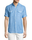 Linen Short-Sleeve Shirt, Blue