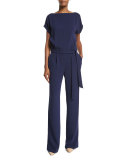 Sandra Belted Crepe Jumpsuit, Midnight