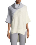 Bicolor Turtleneck 3/4-Sleeve Sweater, Ivory/Pale Gray