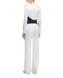 Belted Long-Sleeve V-Neck Jumpsuit, White/Midnight