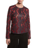 Floral Leather & Mesh Moto Jacket, Bordeaux/Red