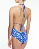 Acapulco Brushstroke-Print Halter One-Piece Swimsuit, Cobalt