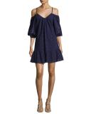 Henrietta Lace-Overlay Cotton Dress, Blue Pattern