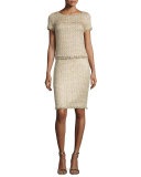 Raffia-Knit Short-Sleeve Top, Gold/Multi
