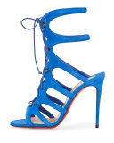 Amazoulo Caged Suede Red Sole Sandal, Electric