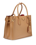 Saffiano Cuir Double Medium Tote Bag, Caramel/Red (Caramel+Fuoco)