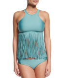 Fringe Benefits High-Neck Tankini Swim Top, Blue