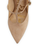 Hayes Suede Caged Pointed-Toe Pump, Golden Caramel