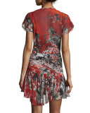Cap-Sleeve Printed Wrap Dress, Red Pattern