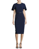 Capelet Belted Sheath Dress, Navy