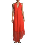 Sleeveless Cutaway Silk Maxi Dress, Flame