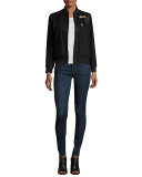 Leather-Trim Wool Varsity Jacket, Black