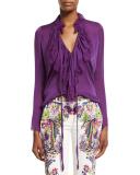 Ruffled Self-Tie Silk Blouse, Violet