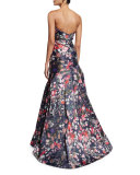 Strapless Floral Mikado Ball Gown, Midnight/Multicolor