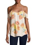 Adorlee Cold-Shoulder Floral-Print Silk Top, Orange