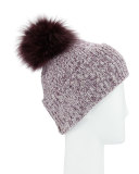 Marled Cashmere Pompom Beanie Hat, Plum