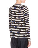 Long-Sleeve Falling-Flower Striped T-Shirt, Stripe Cobalt Flower
