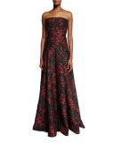 Strapless Floral Brocade Ball Gown, Black/Red
