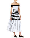 Striped Off-the-Shoulder Midi Dress, White/Black