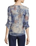 Floral Organza 3/4-Sleeve Blouse, Etched Floral