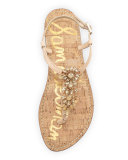 Gene Crystal Leather Flat Thong Sandal, Natural Naked