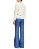 Butterfly-Sleeve Jewel-Neck Top, White