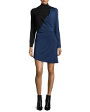 Long-Sleeve Bicolor Mini Dress, Black/Blue