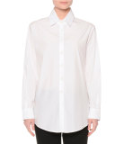 Long-Sleeve Button-Front Blouse, White
