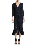 Nadege Lace 3/4-Sleeve V-Neck Midi Dress, Navy