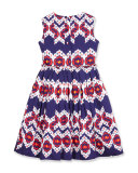 Pleated Cotton Ikat Party Dress, Blue, Size 2-14