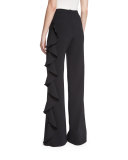 Karlina Ruffle-Trim Wide-Leg Pants, Black