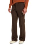 Solid Flat-Front Wool Trousers, Brown