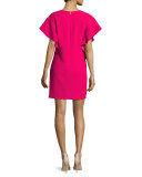 Flutter-Sleeve Classic Crepe V-Neck Shift Dress, Pink Clash