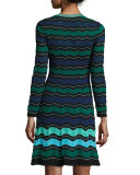 Long-Sleeve V-Neck Ribbon-Striped Dress, Teal