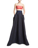 Strapless Floral-Embellished Colorblock Gown, Cayenne/Black/Blue