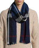 Men's Wool/Cashmere Tricolor Check Lightweight Scarf, Navy